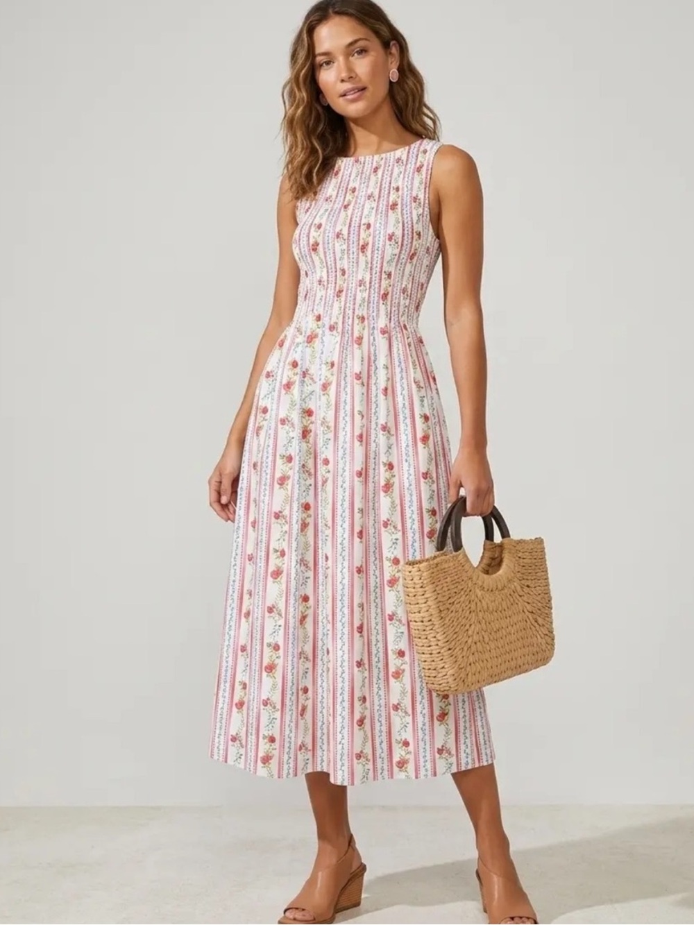 Caroline Constas Smocked Maxi Dress Striped Pomegranate Print